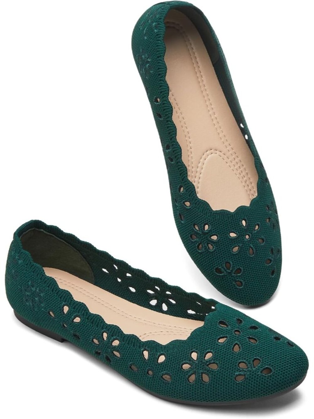 Women's Green Mesh Floral Ballet Flats Comfortable Slip On Casual Walking Shoes